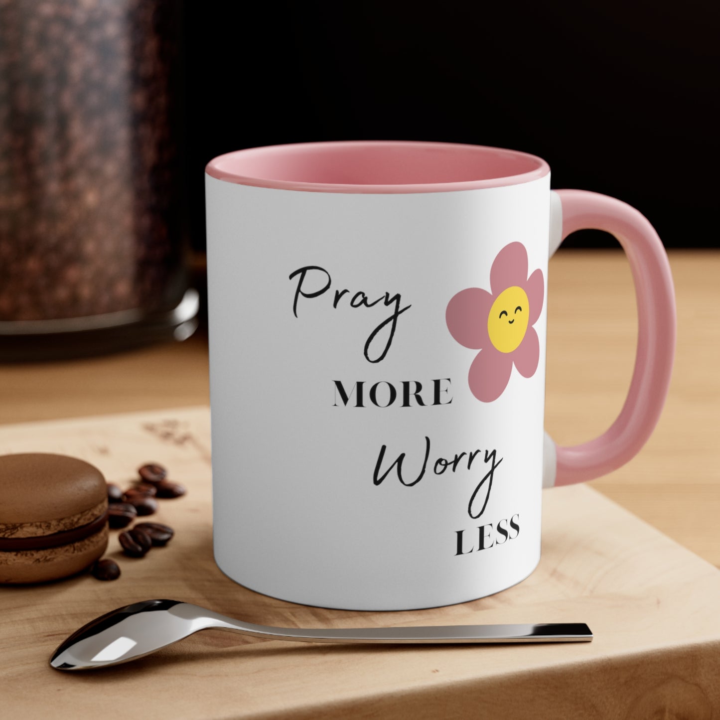 Pray More Worry Less Pink and White Ceramic Mug Inspirational 11 oz Coffee Cup with Smiley Flower