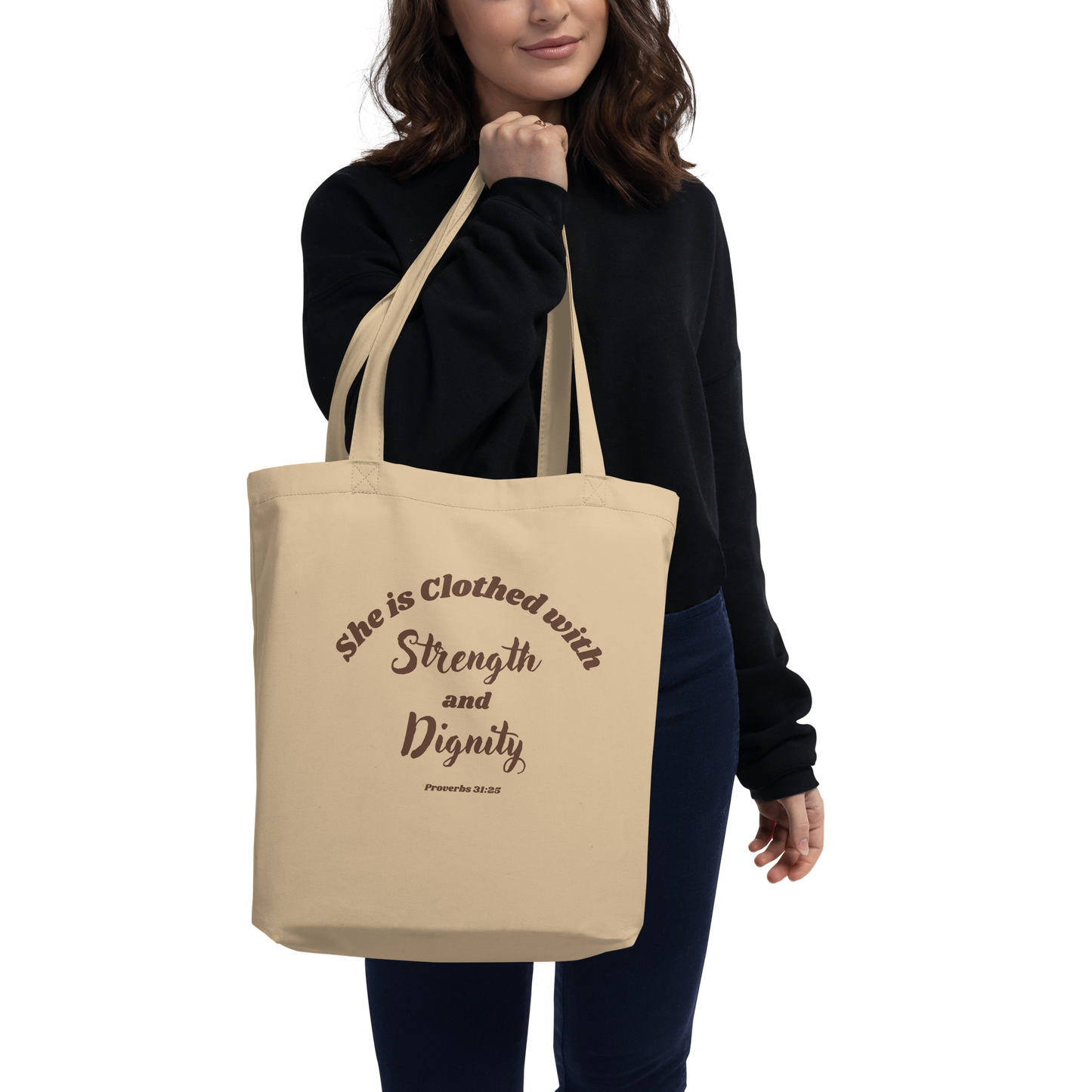 She is Clothed with Strength & Dignity Proverbs 31:25 Bible Verse Eco Tote Bag