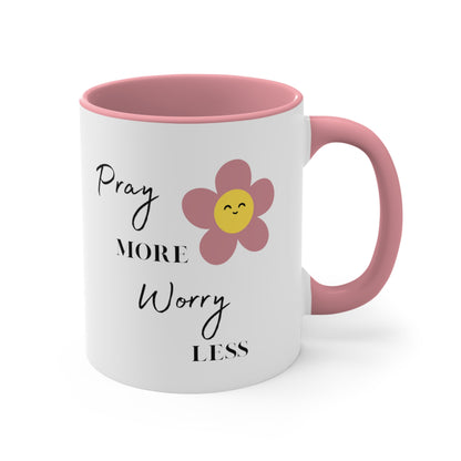 Pray More Worry Less Pink and White Ceramic Mug Inspirational 11 oz Coffee Cup with Smiley Flower