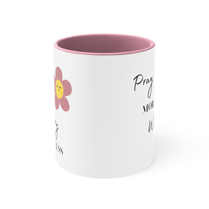 Pray More Worry Less Pink and White Ceramic Mug Inspirational 11 oz Coffee Cup with Smiley Flower