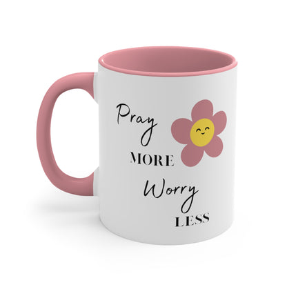 Pray More Worry Less Pink and White Ceramic Mug Inspirational 11 oz Coffee Cup with Smiley Flower