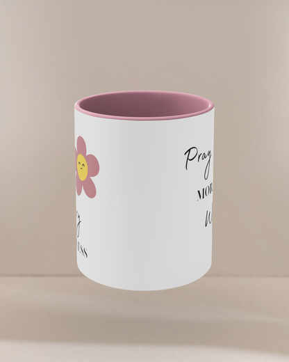 Pray More Worry Less Pink and White Ceramic Mug Inspirational 11 oz Coffee Cup with Smiley Flower