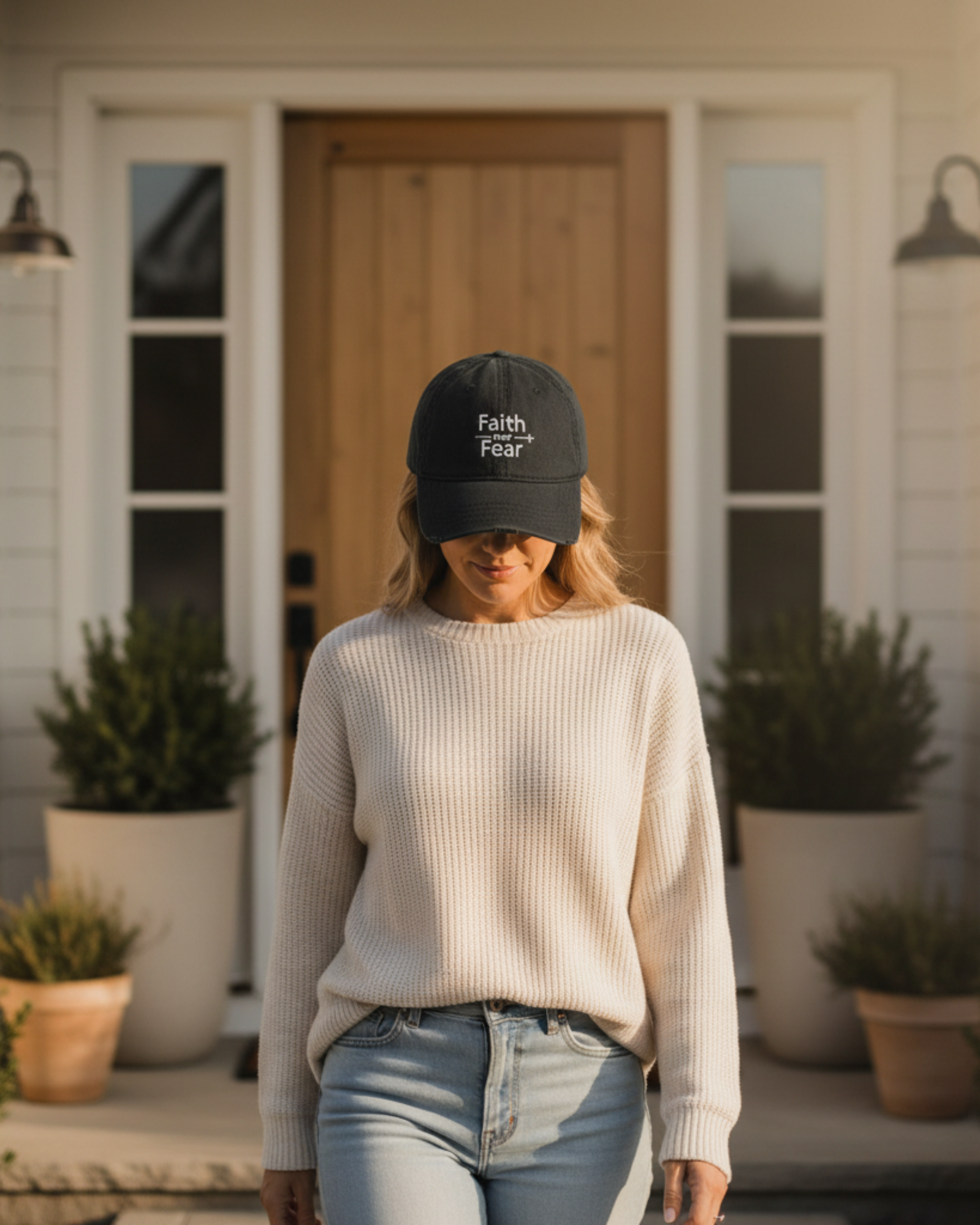 Person wearing a cap with 'Faith Over Fear' text on a porch with plants and a door.