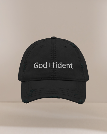God-fident Distressed Dad Hat | Christian Embroidered Baseball Cap| Faith-Inspired Christian Apparel