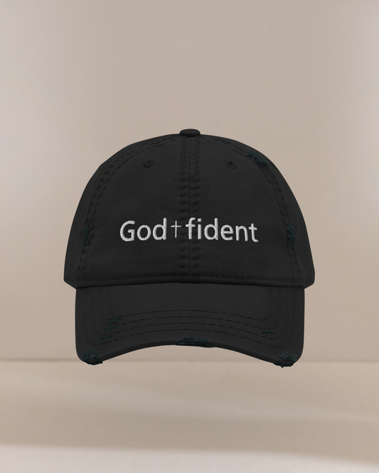 God-fident Distressed Dad Hat | Christian Embroidered Baseball Cap| Faith-Inspired Christian Apparel