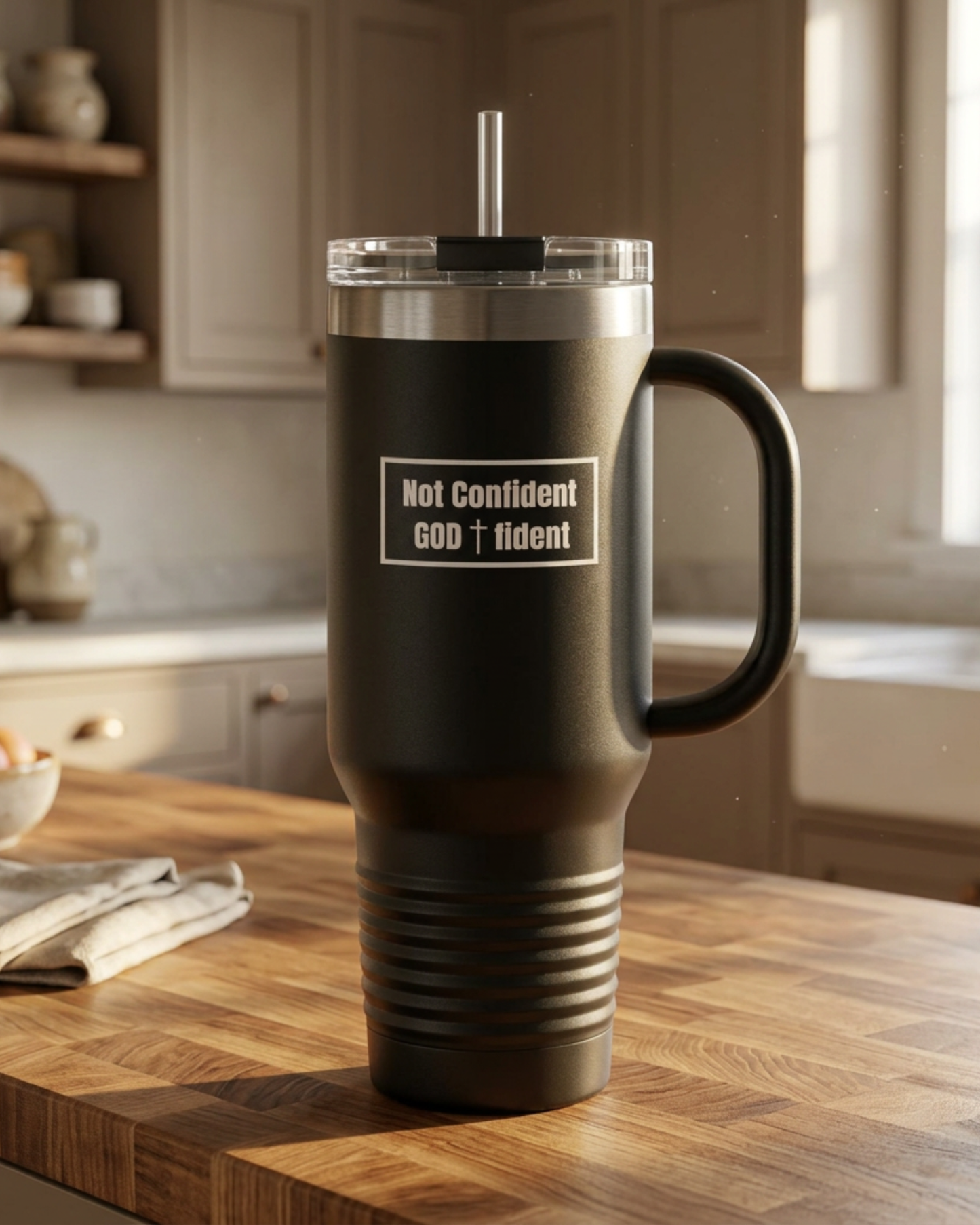 Not Confident, GOD-fident 40oz Insulated Tumbler with Lid & Straw | Christian Travel Mug for Women & Men | Faith-Based Motivation & Bible Verse Gift
