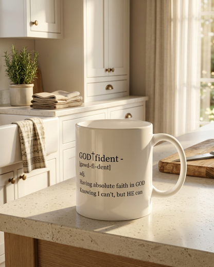 Not Confident, Godfident Christian Coffee Mug | Inspirational Godfidence Cup with Definition | Faith-Based Gift for Women & Men | Motivational Morning Reminder