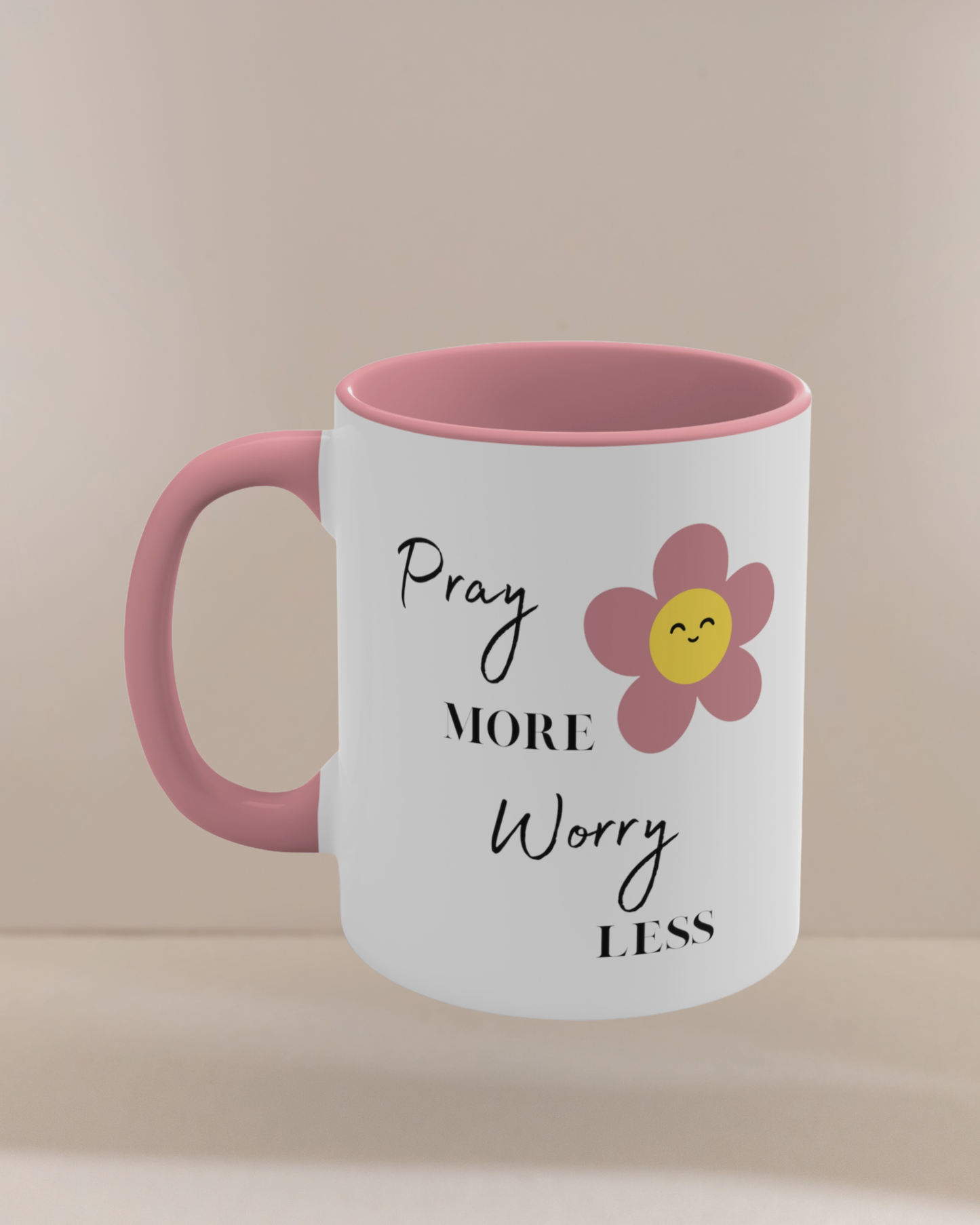 Pray More Worry Less Pink and White Ceramic Mug Inspirational 11 oz Coffee Cup with Smiley Flower