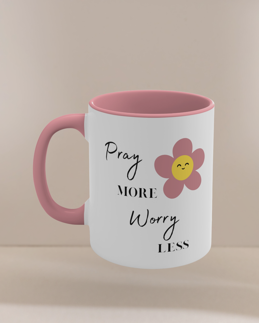 Pray More Worry Less Pink and White Ceramic Mug Inspirational 11 oz Coffee Cup with Smiley Flower