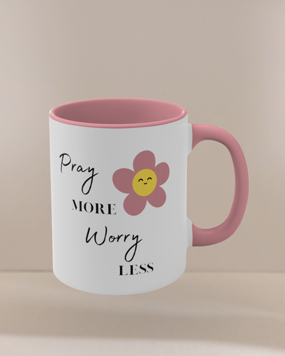 Pray More Worry Less Pink and White Ceramic Mug Inspirational 11 oz Coffee Cup with Smiley Flower