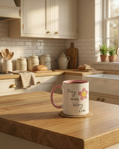 Pray More Worry Less Pink and White Ceramic Mug Inspirational 11 oz Coffee Cup with Smiley Flower