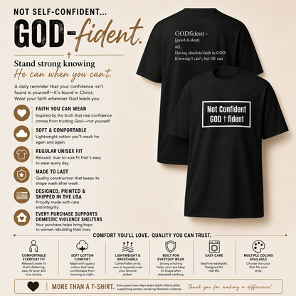 Not Confident, God-fident Christian T-Shirt | Faith Graphic Tee | Inspirational Bible Verse Shirt | Encouraging Christian Apparel