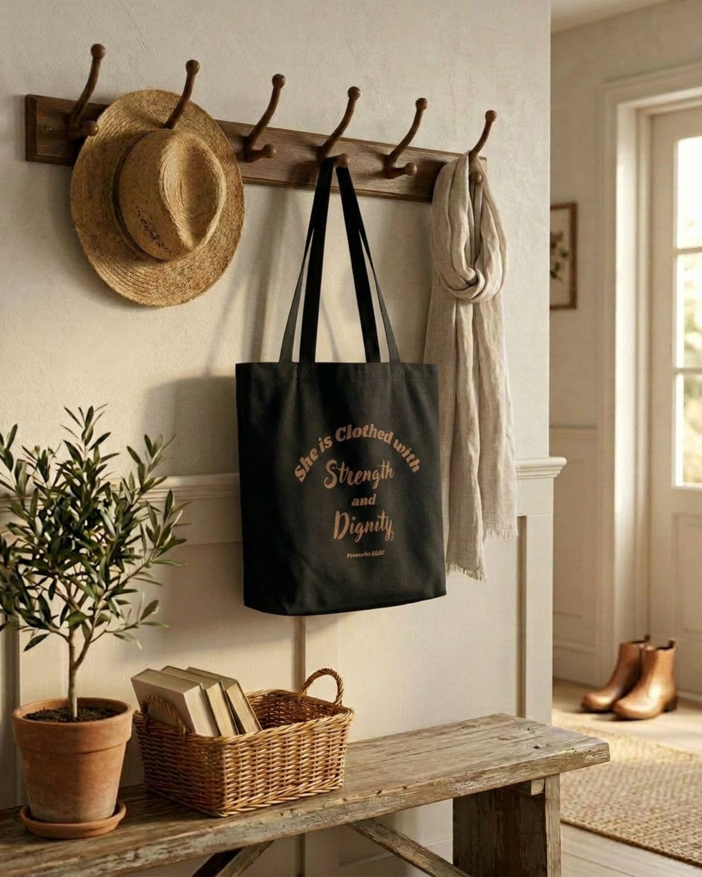 She is Clothed with Strength & Dignity Proverbs 31:25 Bible Verse Eco Tote Bag
