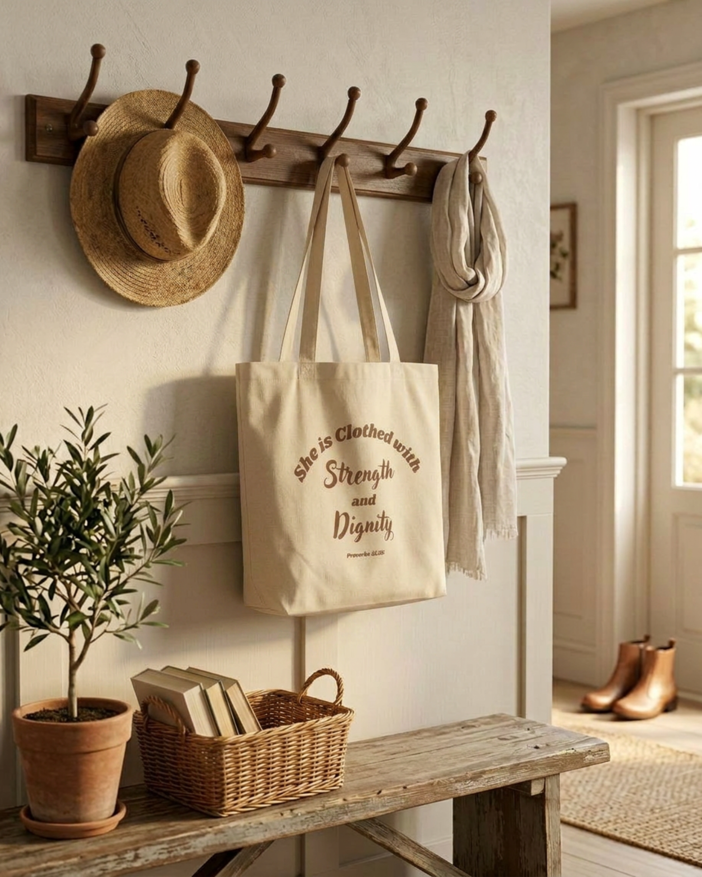 She is Clothed with Strength & Dignity Proverbs 31:25 Bible Verse Eco Tote Bag