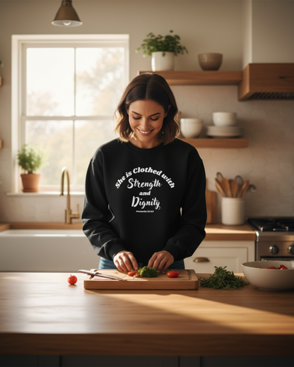 She is Clothed with Strength & Dignity Proverbs 31:25 Women's Bible Verse Sweatshirt