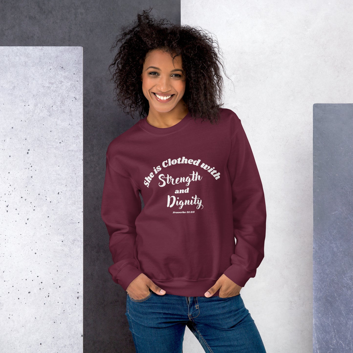 She is Clothed with Strength & Dignity Proverbs 31:25 Women's Bible Verse Sweatshirt